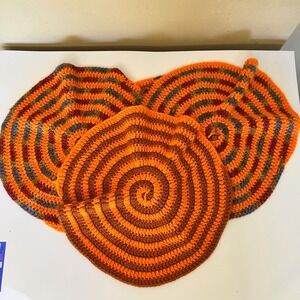 4 Crochet Spiral Table Toppers Trivets Hot Pads Orange Brown Gray Round Handmade